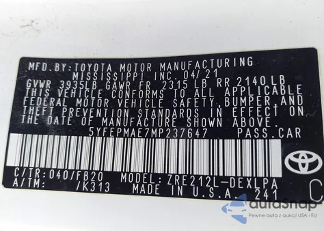 2021 Toyota Corolla Le from USA, damaged, VIN 5YFEPMAE7MP237647